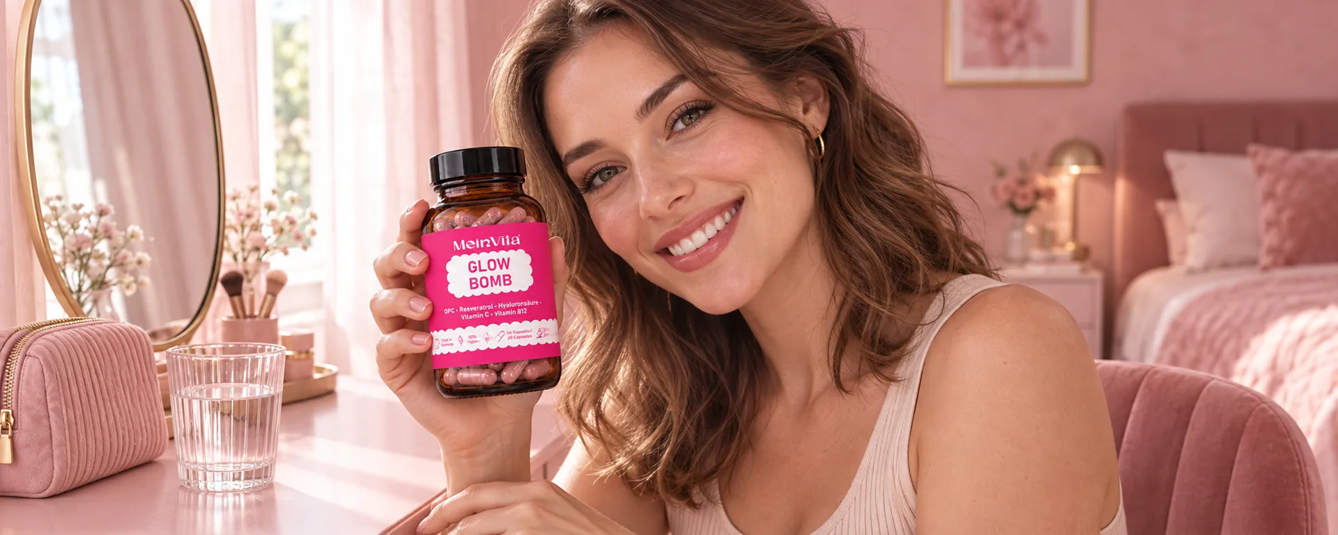 Eine Frau hält eine MeinVita Glow Bomb Dose in der Hand