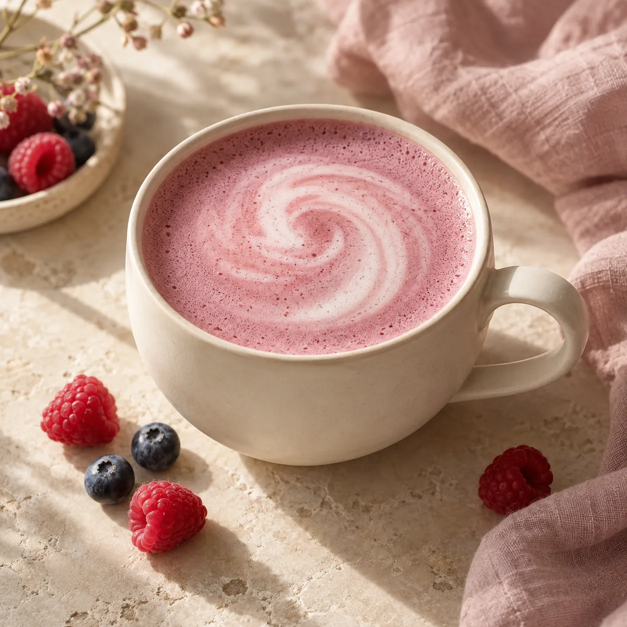 Rosa Beeren-Latte mit feinem Schaum in einer hellen Tasse