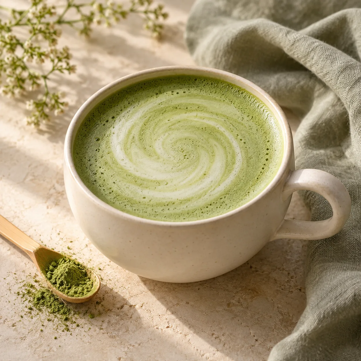 Grüne Matcha-Latte mit feinem Schaum in einer hellen Tasse