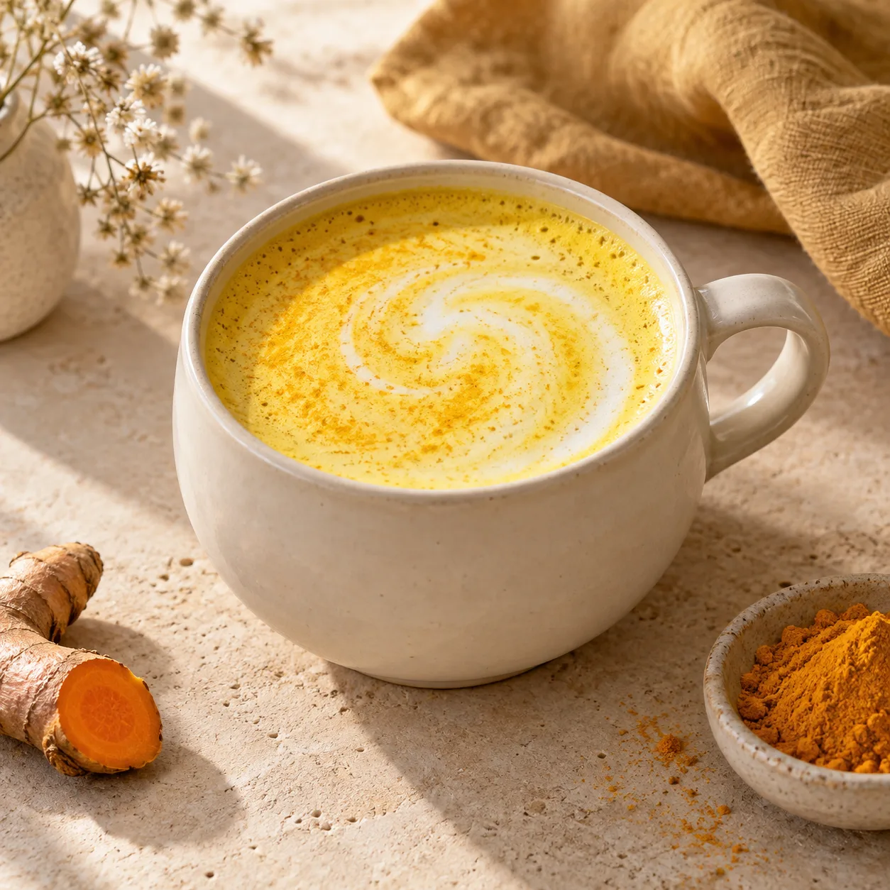 Goldene Kurkuma-Latte mit feinem Schaum in einer hellen Tasse
