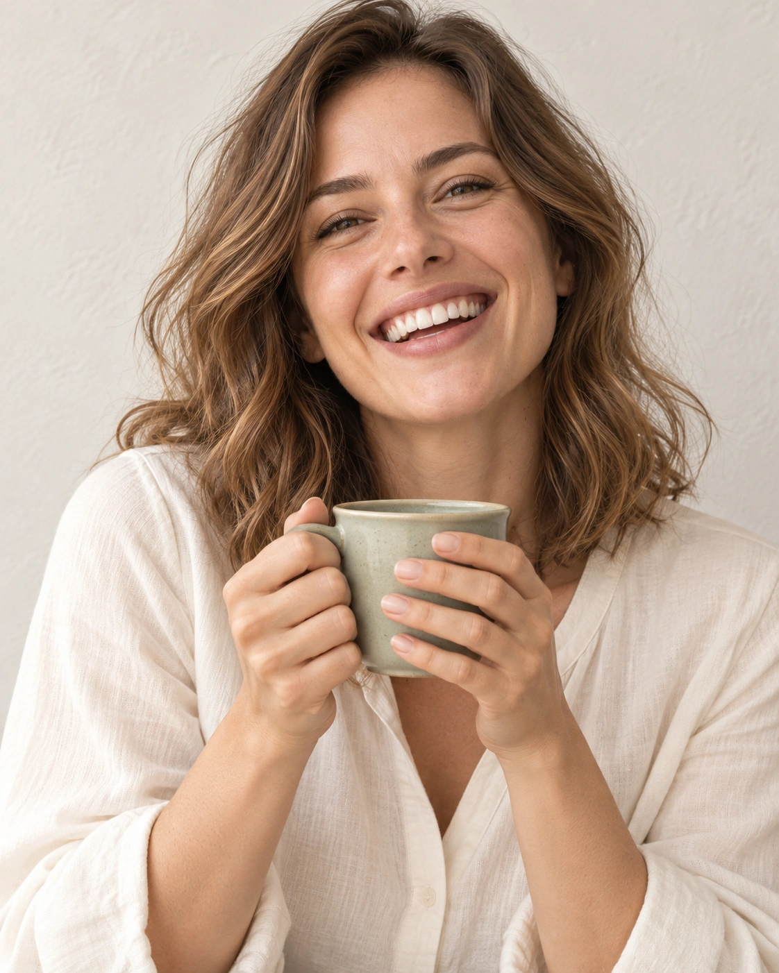 Lächelnde Frau in einer hellen Bluse hält eine Keramiktasse vor einer hellen Wand