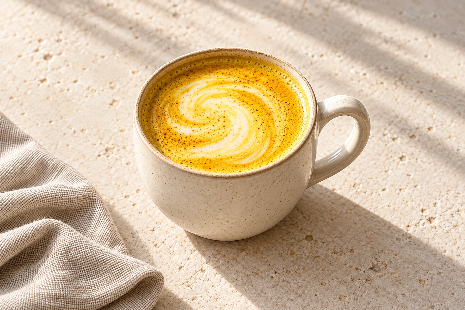 Goldene Latte mit Milchschaum in einem Keramikbecher auf hellem Stein neben einem Leinentuch